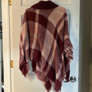 Plaid poncho with turtleneck collar